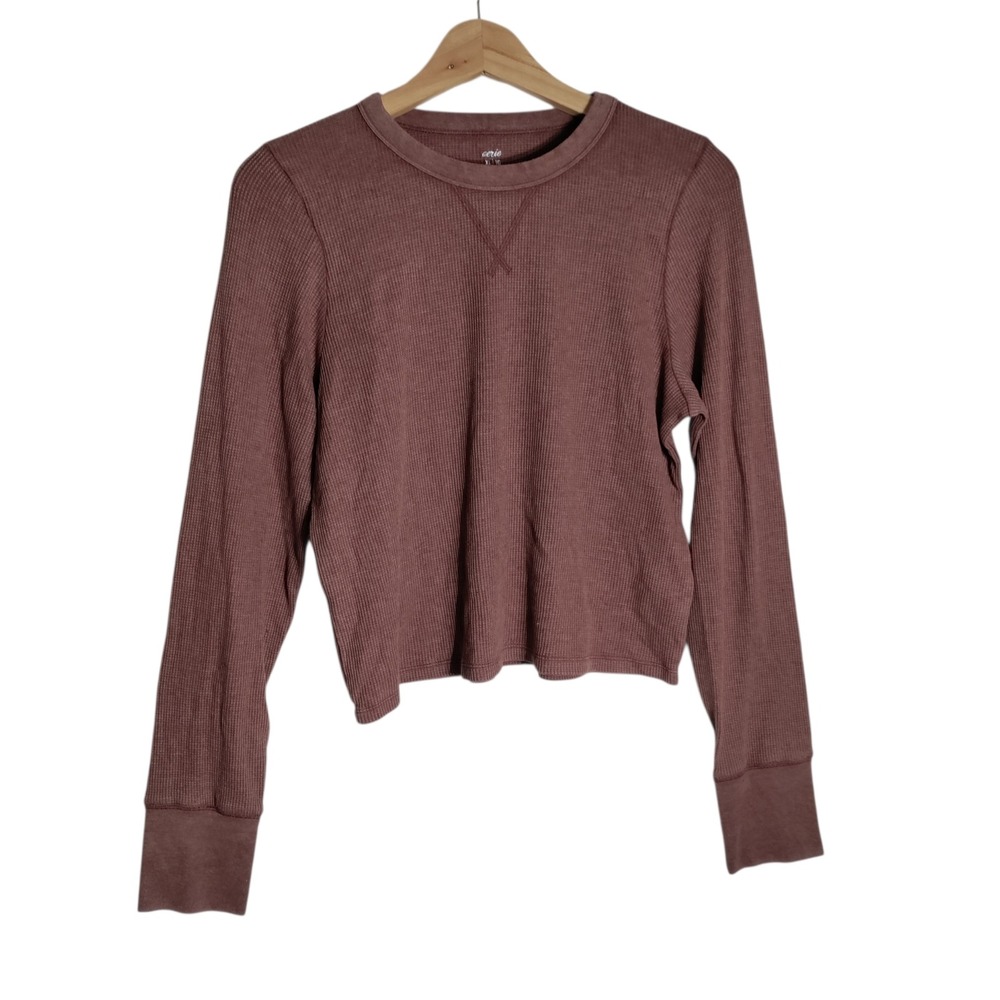 Aerie Womens XL Mauve Brown Thermal Waffle‎ Knit Long Sleeve Crew Neck Top